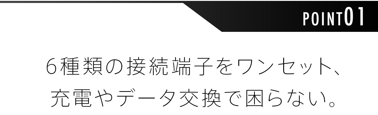 6種類の接続端子をワンセット、充電やデータ交換で困らない。